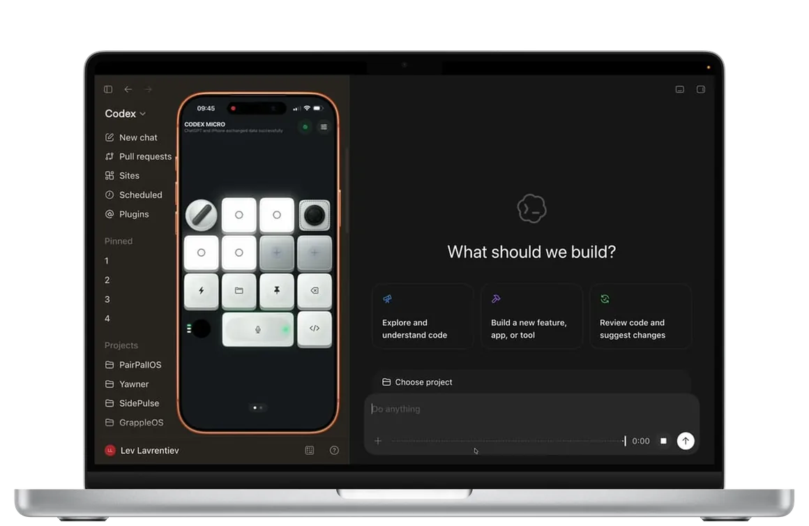 AgentMicro’s iPhone control surface beside a Codex workspace on the Mac desktop.