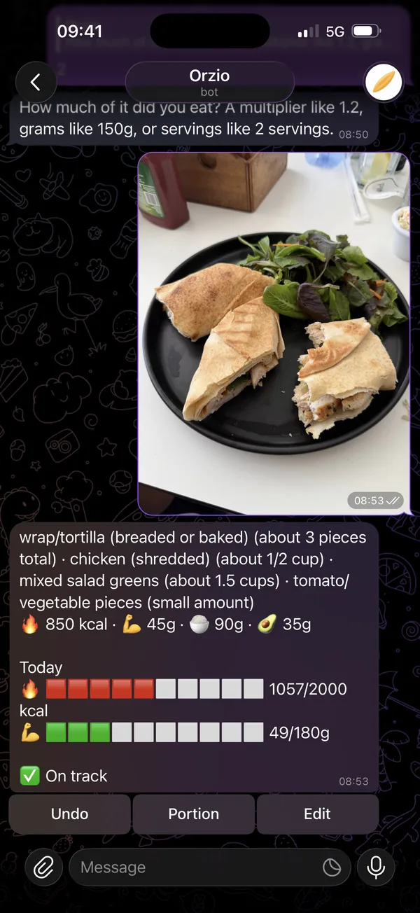Orzio in Telegram, estimating the macros of a photographed meal.
