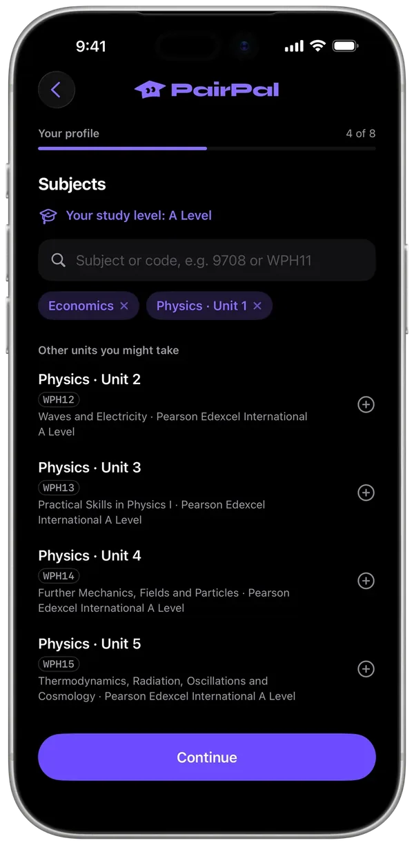 Choosing subjects by name or code in PairPal.