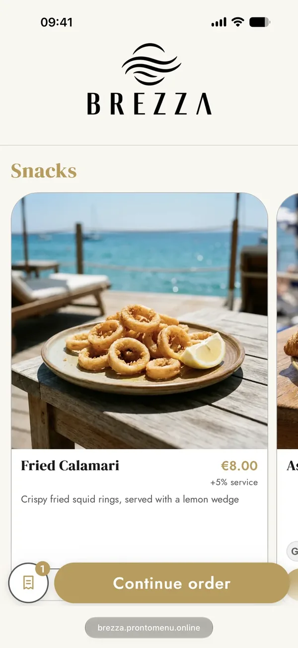 A live ProntoMenu menu for a seaside venue.