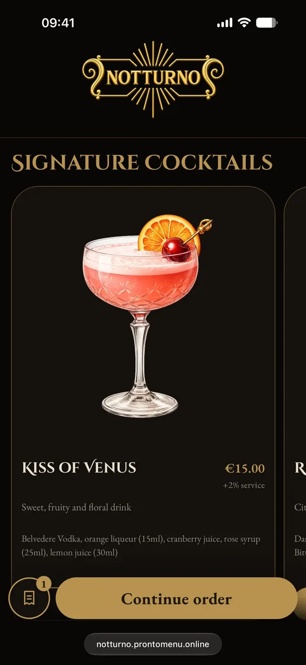 A live ProntoMenu cocktail menu.