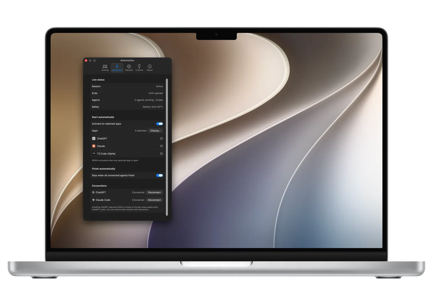StillOn’s Automation settings inside a Mac laptop frame, with an active agent session and connected agent apps.
